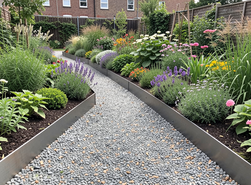 Steel metal garden border edging installed along a pathway separating gravel from a flower bed