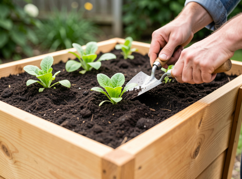 Hands planting lettuce seedlings in a cedar elevated planter box with rich dark soil