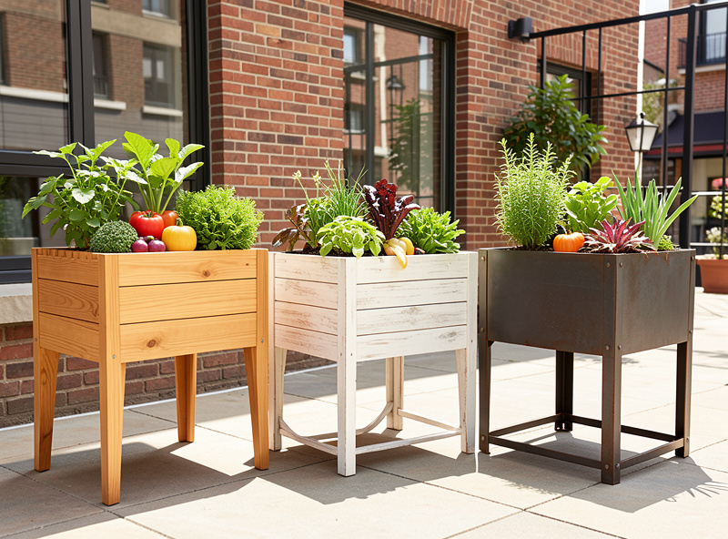 Three different styles of elevated planter boxes on a sunny urban patio with growing vegetables