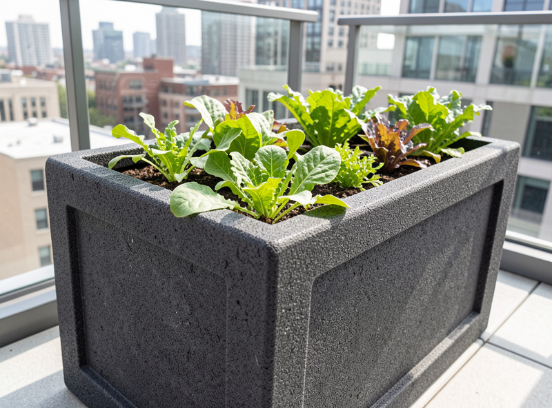 Close-up of dark gray recycled plastic raised garden bed filled with leafy vegetables