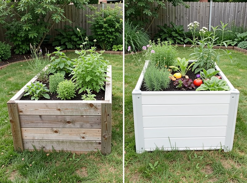 Side by side comparison of weathered cedar wood raised bed and pristine recycled plastic composite raised bed