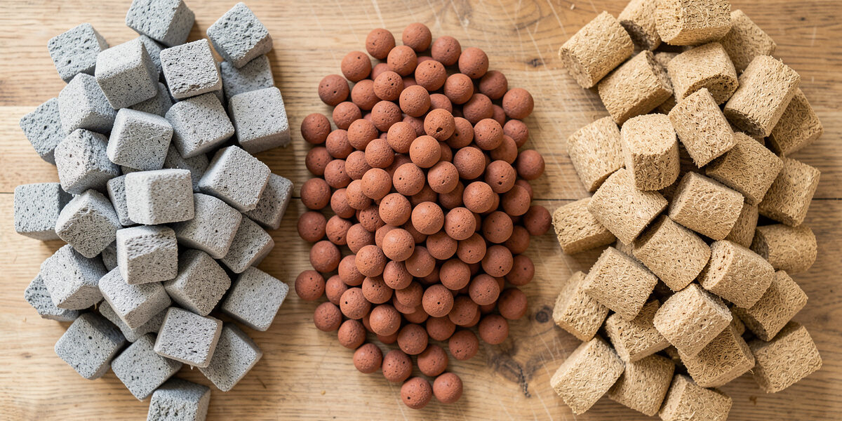 Three hydroponic growing media compared: grey rockwool cubes, clay pebbles, and coir plugs on a board