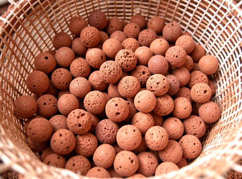 Close-up of reddish-brown expanded clay pebbles filling a net cup