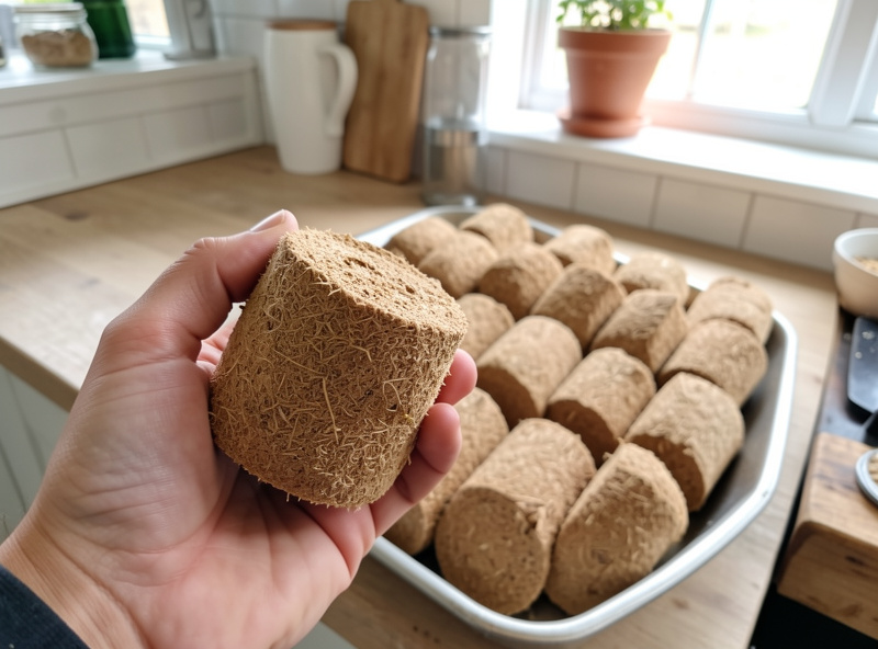 Hand holding a compressed tan coir plug next to a tray of others