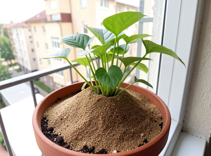 Layer of coarse horticultural sand on top of houseplant soil as fungus gnat barrier