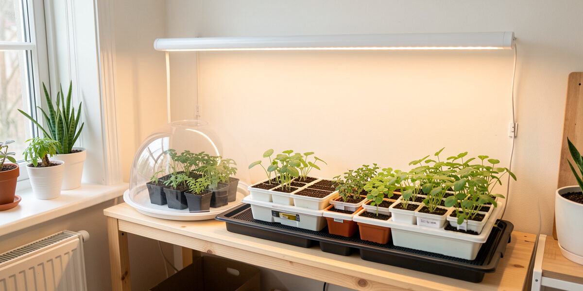 Seed-starting shelf with trays under an LED grow bar, a heat mat, and humidity domes in a bright apartment