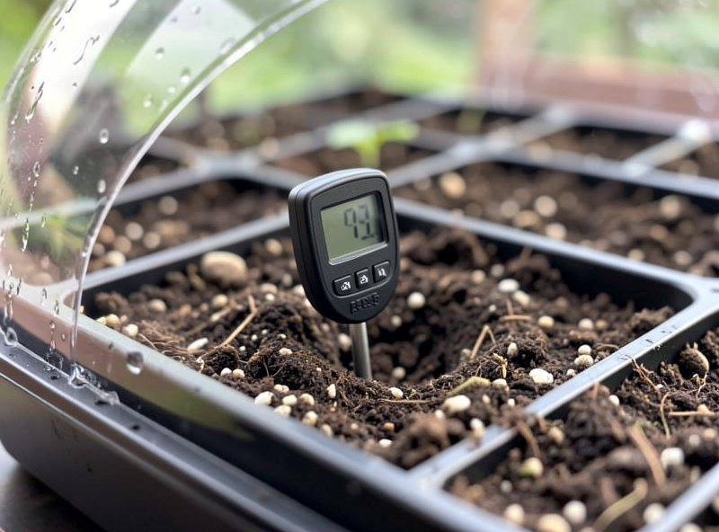 Close-up of a seedling heat mat with a digital thermostat probe pushed into the soil of a black cell tray