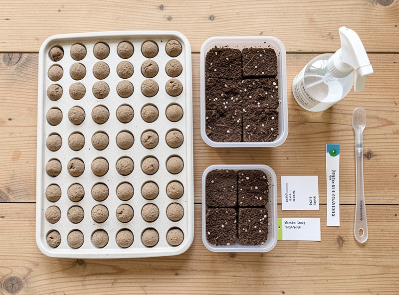 Overhead flat-lay of seed-starting gear: cell trays with drainage holes, peat pellets, soil blocks, spray bottle and plant labels on a wooden table