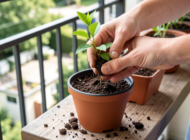 Hands transplanting a young seedling with green true leaves from a cell tray into a small pot on a balcony bench