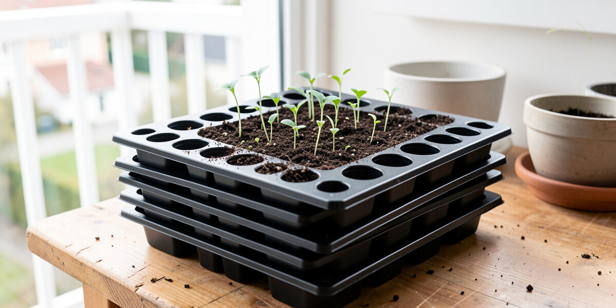 A stack of black seed-starting cell trays with drainage holes on a potting bench, one filled with seedlings