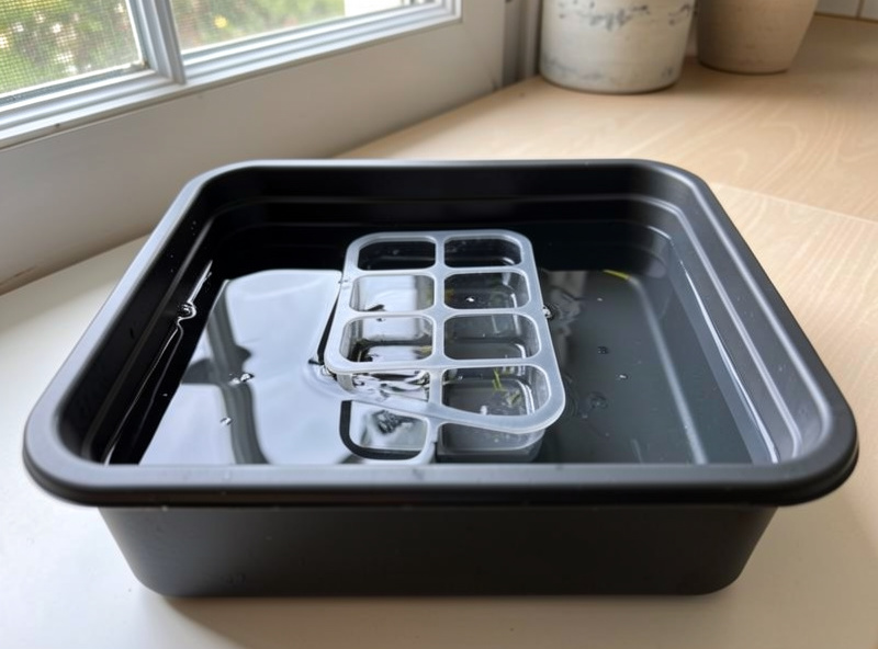 A solid 1020 base tray holding a shallow layer of water with a cell insert sitting in it for bottom-watering