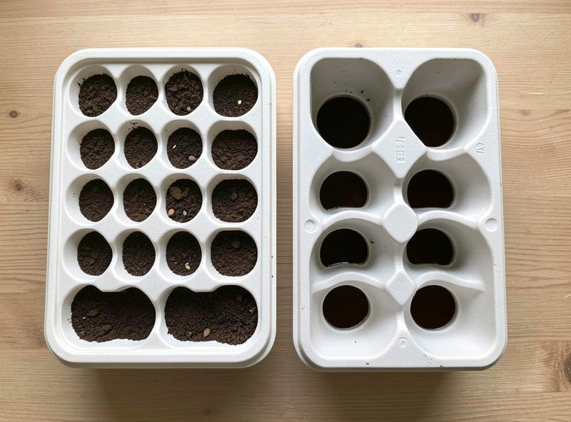Two seed-starting cell trays side by side comparing small shallow cells and deep large cells in an overhead flat-lay