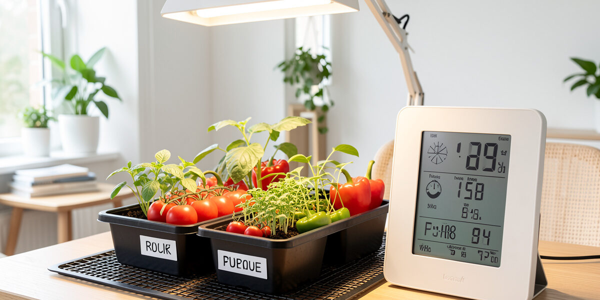 A digital thermostat display beside labelled trays of tomatoes and peppers on a heat mat under a grow light