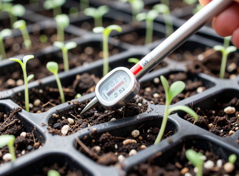 Close-up of a soil thermometer probe reading temperature in a black cell tray of germinating seedlings