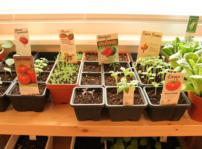 Several labelled seedling trays on a shelf with tomato, pepper and lettuce markers visible