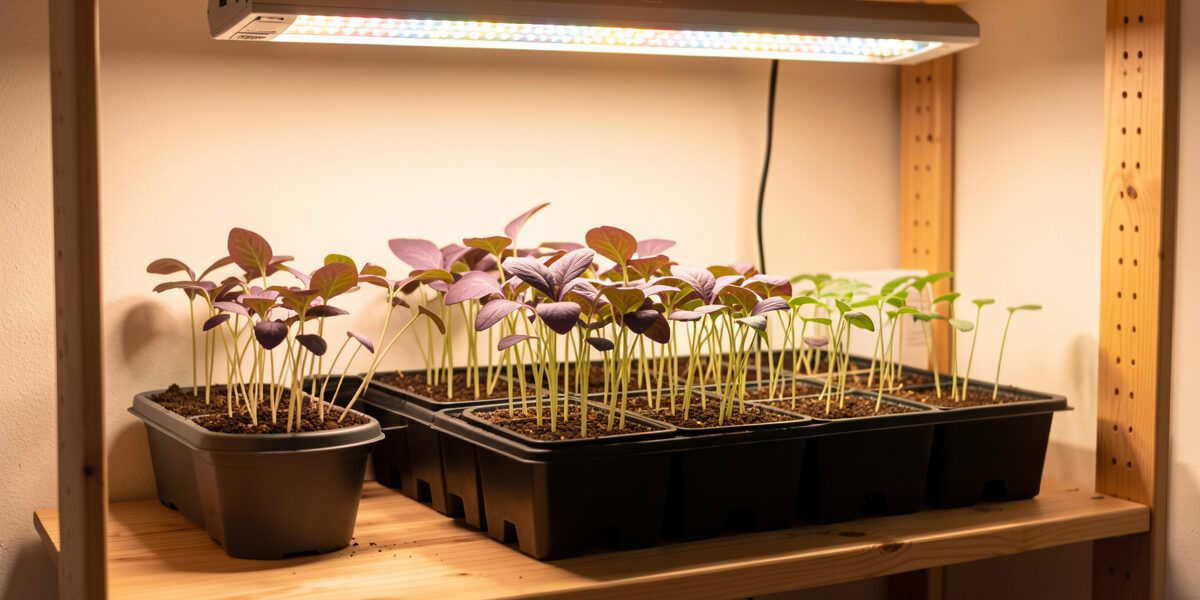 Seedling trays on a Nordic apartment shelf under a grow light, one tray showing seedlings with purple-tinted leaves