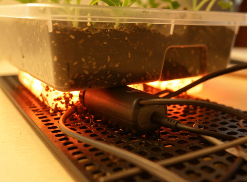 Seedling heat mat with a thermostat probe placed under a plastic seedling tray to warm the root zone