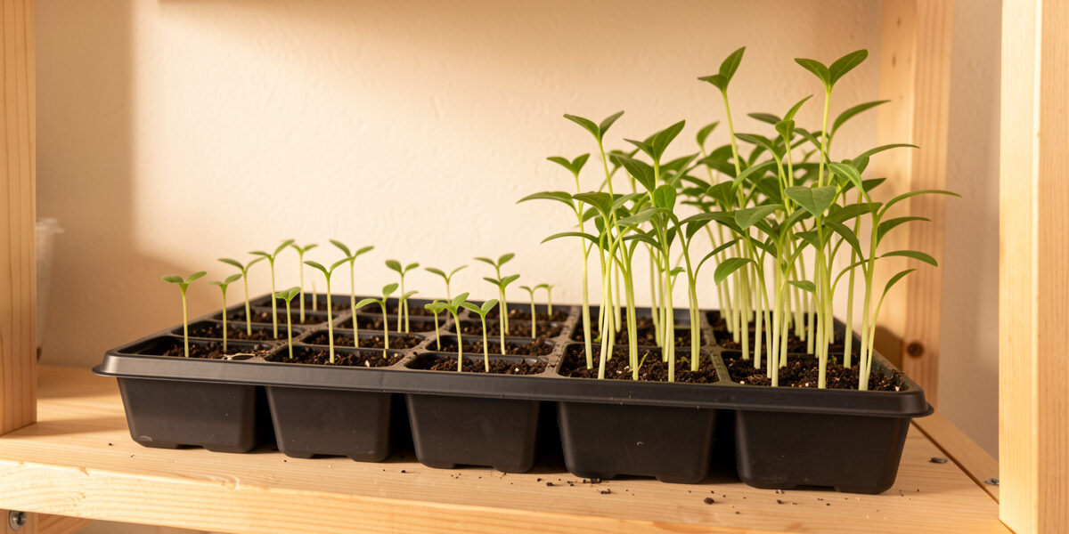 Seedling tray on a Nordic shelf with small stalled seedlings beside healthy taller ones