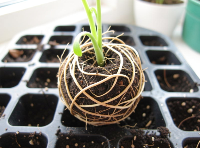 Root ball lifted from a cell tray showing tight circling roots of a root-bound seedling