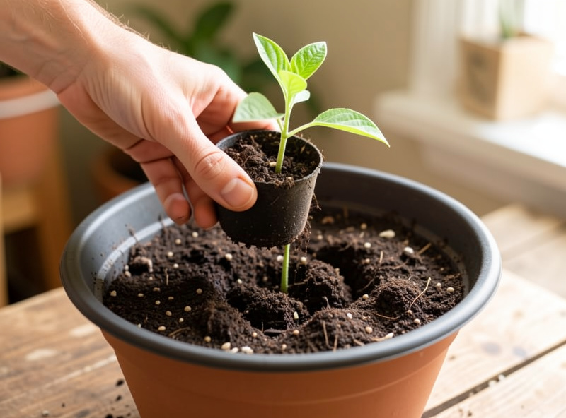 Hand potting on a seedling into a larger container with fresh soil