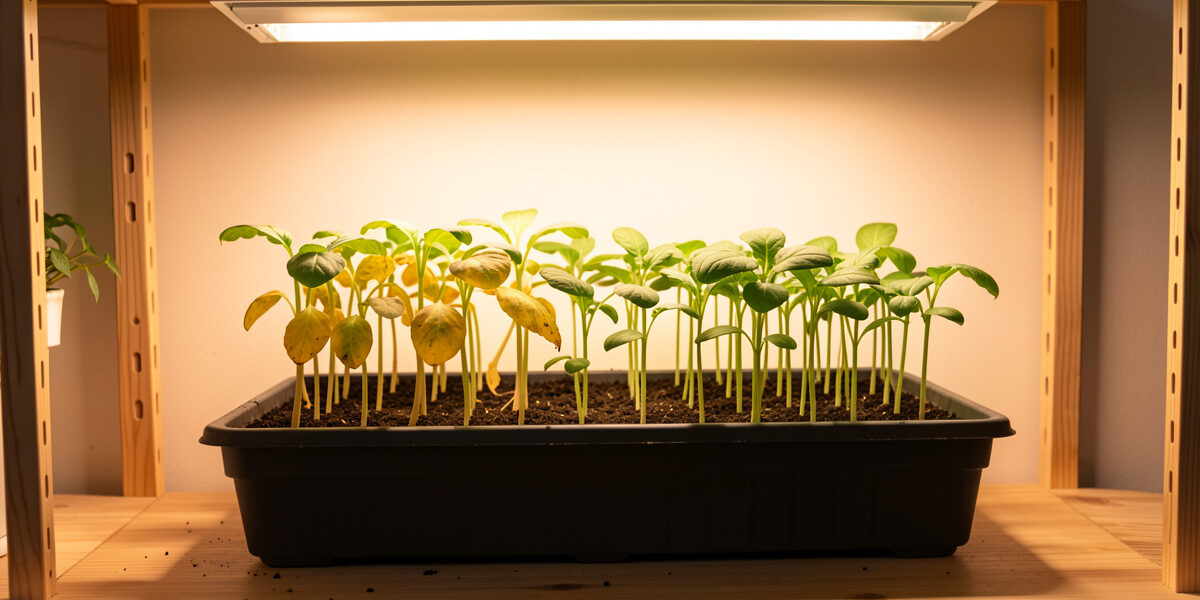 Seedling tray under a grow light with some seedlings showing yellowing lower leaves beside healthy green ones