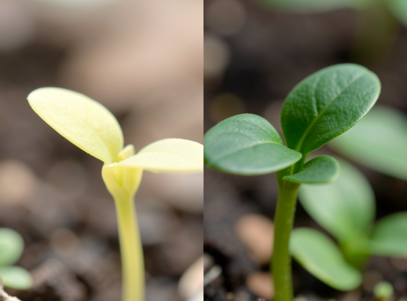 A pale yellow-green seedling next to a healthy deep green seedling for comparison