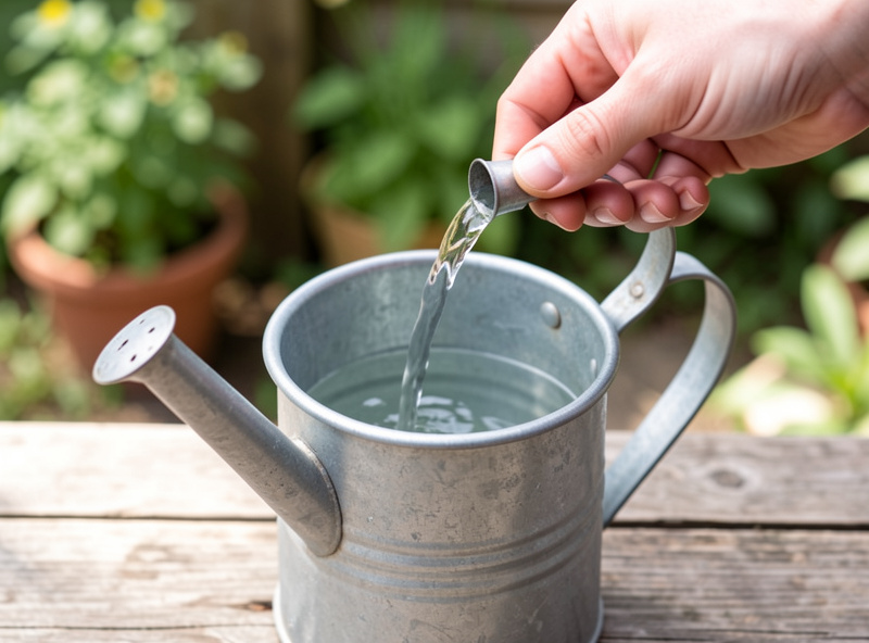 Hand diluting liquid fertilizer with water in a small watering can for a weak seedling feed