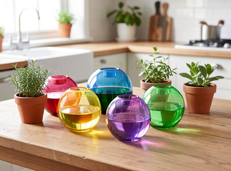 Assortment of coloured blown-glass self-watering globes arranged on a wooden table next to small potted herbs
