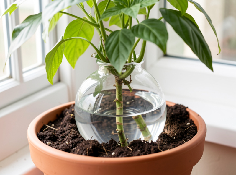 Clear glass watering globe inserted deep into the soil of a leafy potted plant on a windowsill with water still visible inside