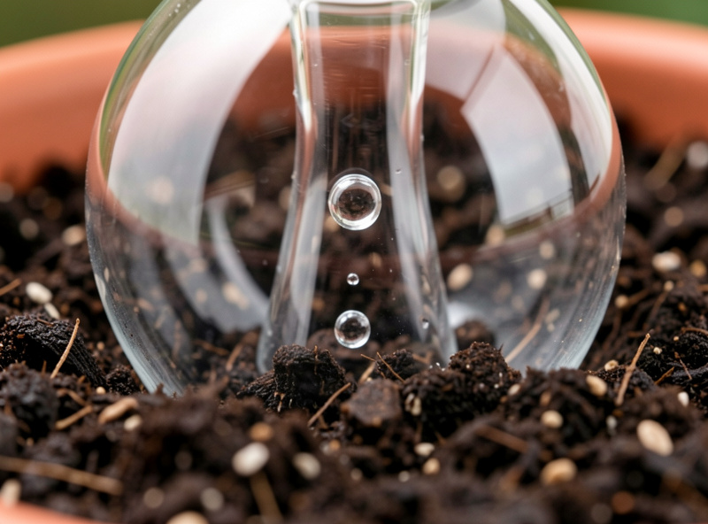 Extreme close-up of the narrow neck of a glass watering globe buried in dark soil with a single air bubble rising through the water