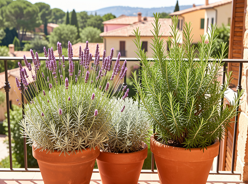 Potted lavender and rosemary shrubs on a sunny balcony in full sun in terracotta pots with silver foliage and purple flower spikes