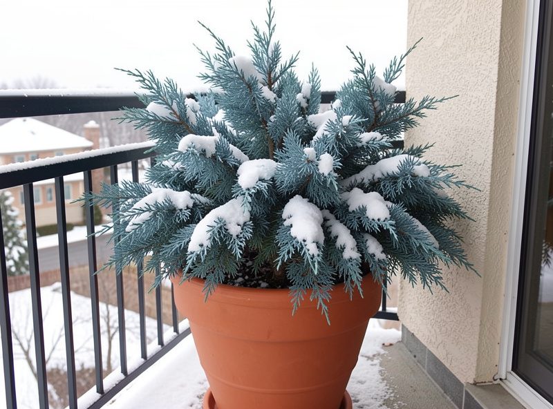 Dwarf blue conifer juniper in a large terracotta pot on a balcony providing year-round structure with light snow dusting