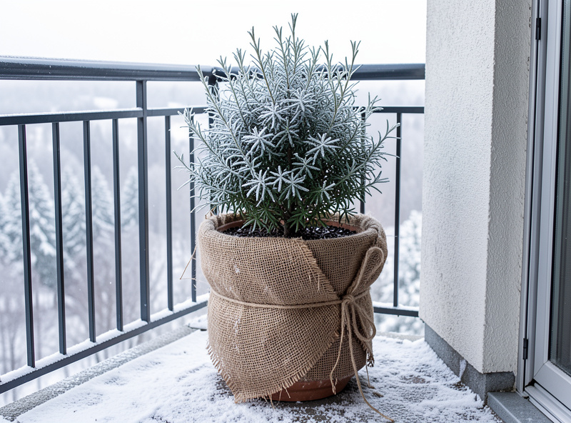 Potted shrub on a balcony in winter wrapped in burlap for frost protection with frost on the ground, insulated container in a cold climate