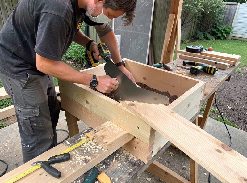 Building a wooden sleeper planter box with saw, measuring tape, and drill in an outdoor workshop