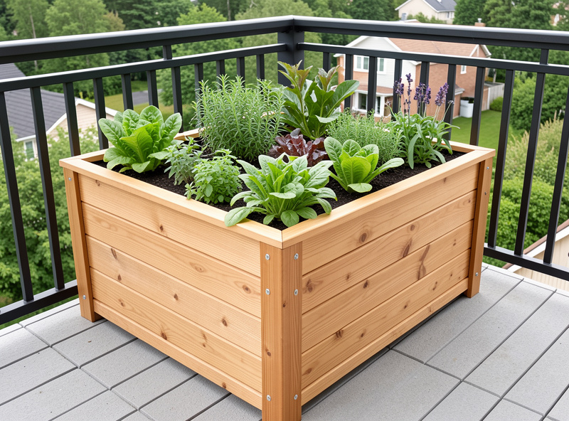 Completed cedar sleeper planter box raised garden bed on a Nordic balcony, filled with leafy greens and herbs