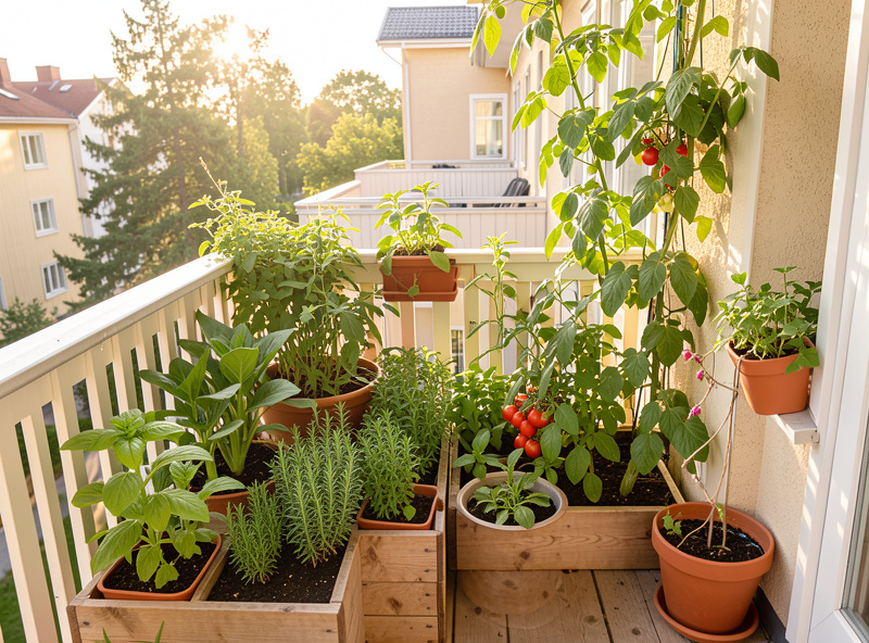 A small Nordic apartment balcony transformed into a productive food garden with containers of herbs tomatoes and leafy greens in morning light