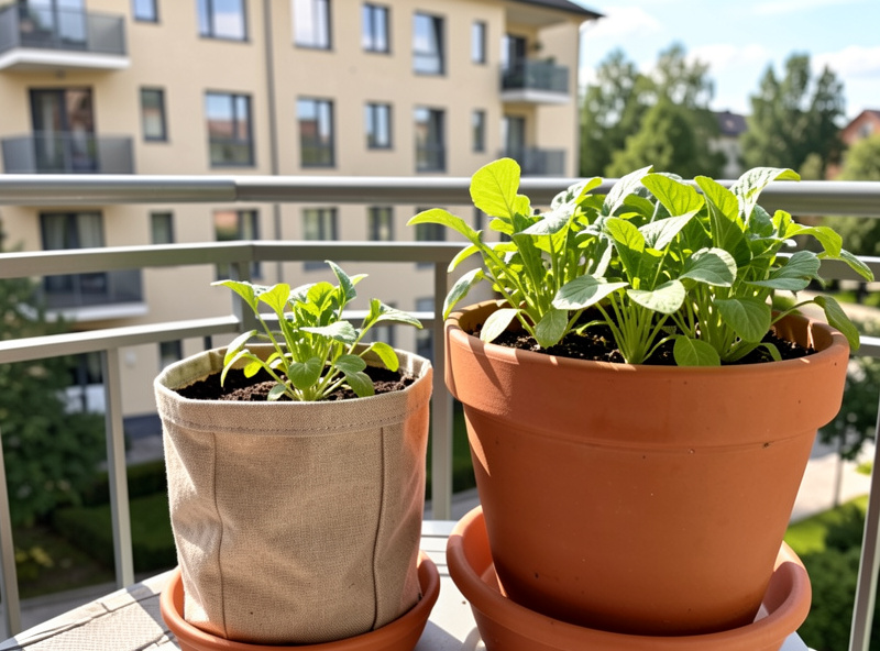 Fabric grow bags terracotta pots and self-watering planters with leafy greens on a sunny balcony railing