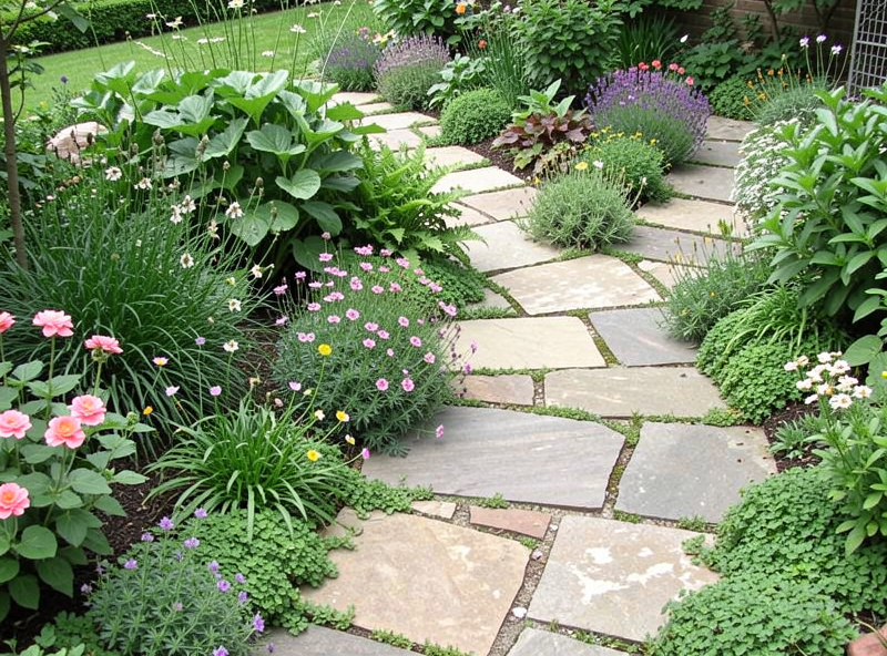 Small garden border with low-growing perennial flowers lining a stone pathway in a compact landscape