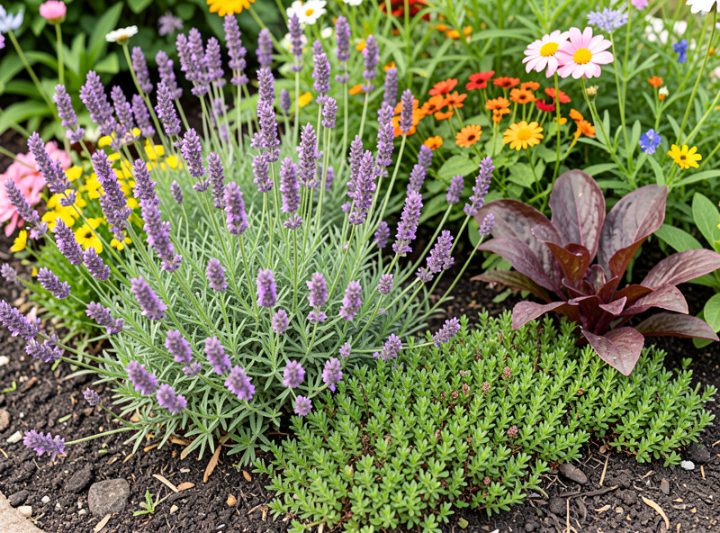 Close-up of colorful low-maintenance border perennials including lavender and sedum at the edge of a small garden bed