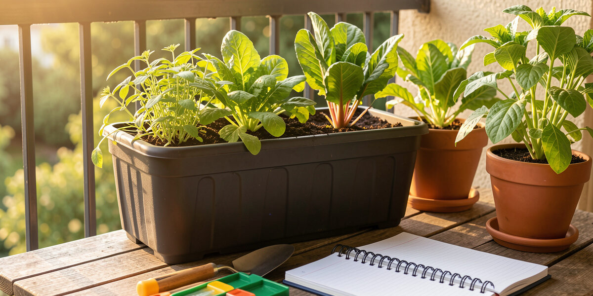 Container garden with a soil test kit and trowel on a balcony table