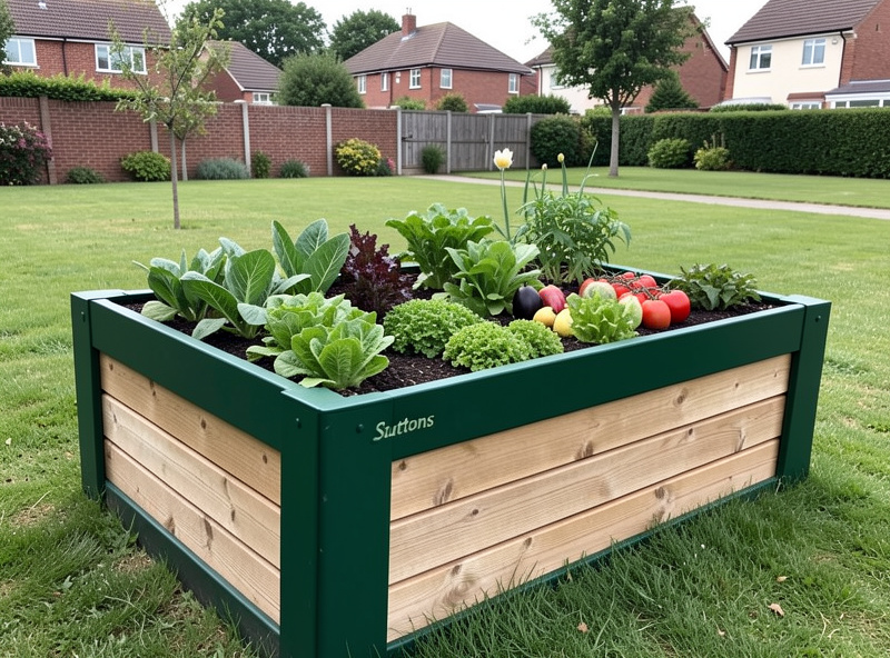 Suttons brand raised garden bed with wooden frame filled with vegetables in a suburban garden