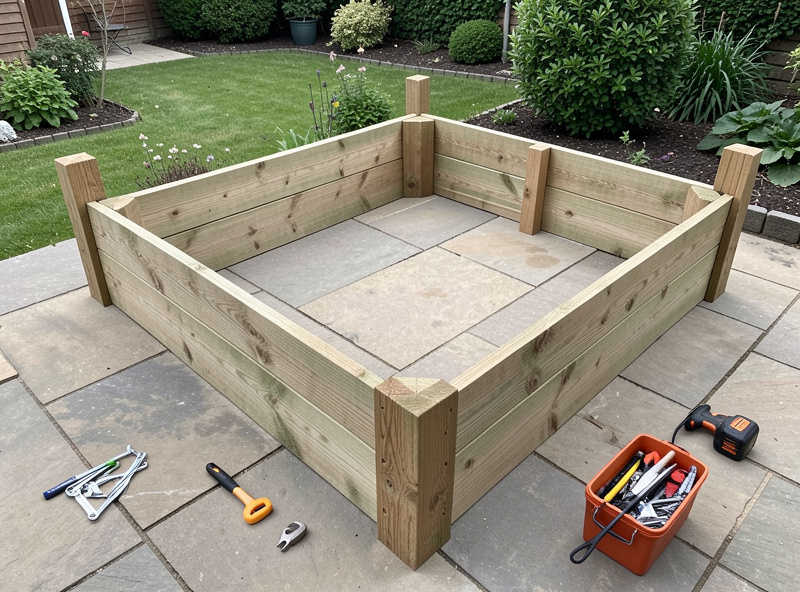 Raised bed kit with pressure treated timber panels and corner posts partially assembled on a patio