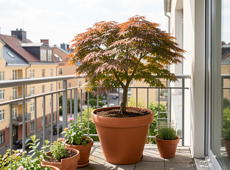Japanese maple in a large terracotta pot on a sunny Nordic balcony