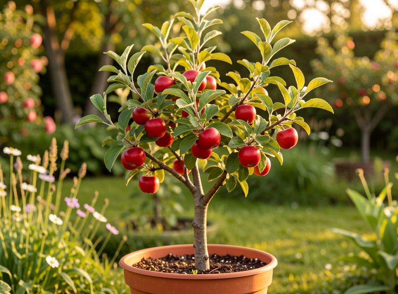 Dwarf apple tree with ripe fruit in a container on a Nordic balcony