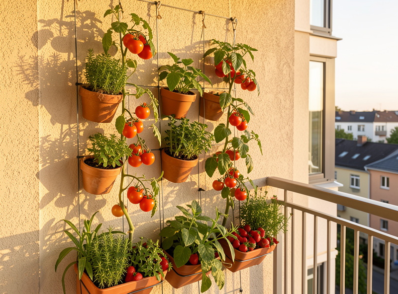 Vertical garden wall on a small apartment balcony with climbing tomatoes on string trellises and pocket planters filled with herbs and strawberries