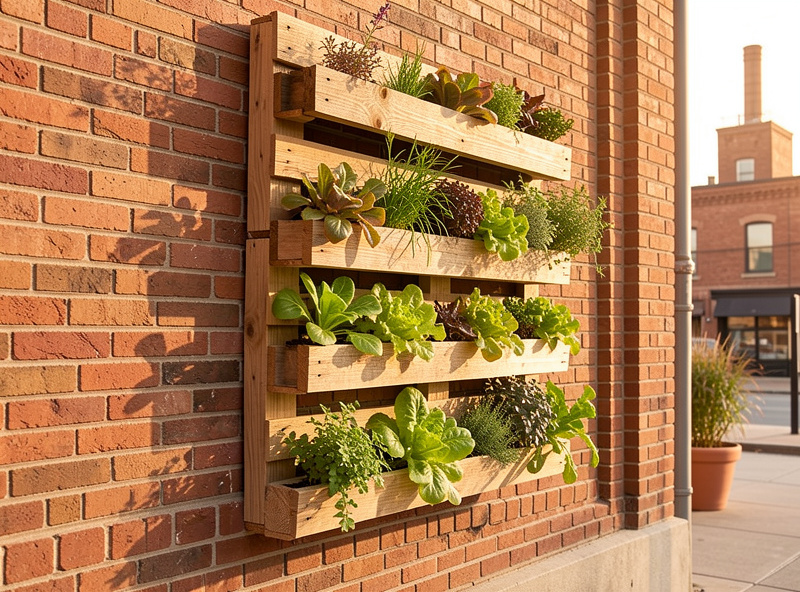 DIY pallet vertical garden with lettuce and herbs growing between wooden slats, mounted against a brick wall
