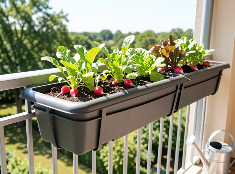 Gutter garden system mounted on a balcony railing growing salad greens and radishes