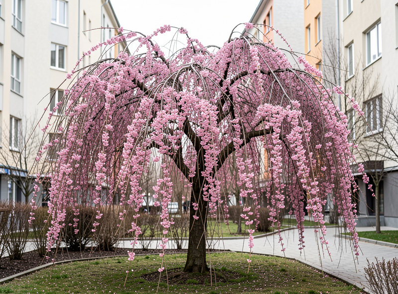 Weeping cherry tree with cascading pink blossoms in a small Nordic garden
