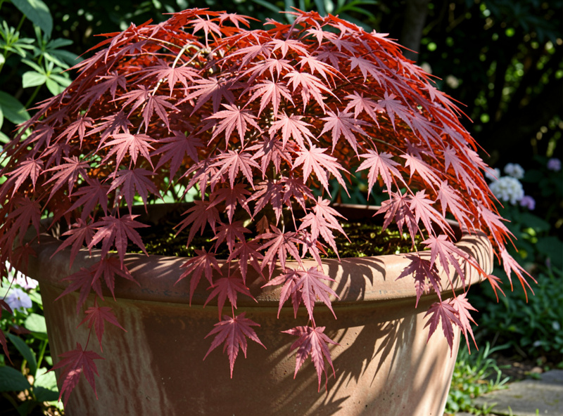 Weeping Japanese maple with red lace-leaf foliage in a container