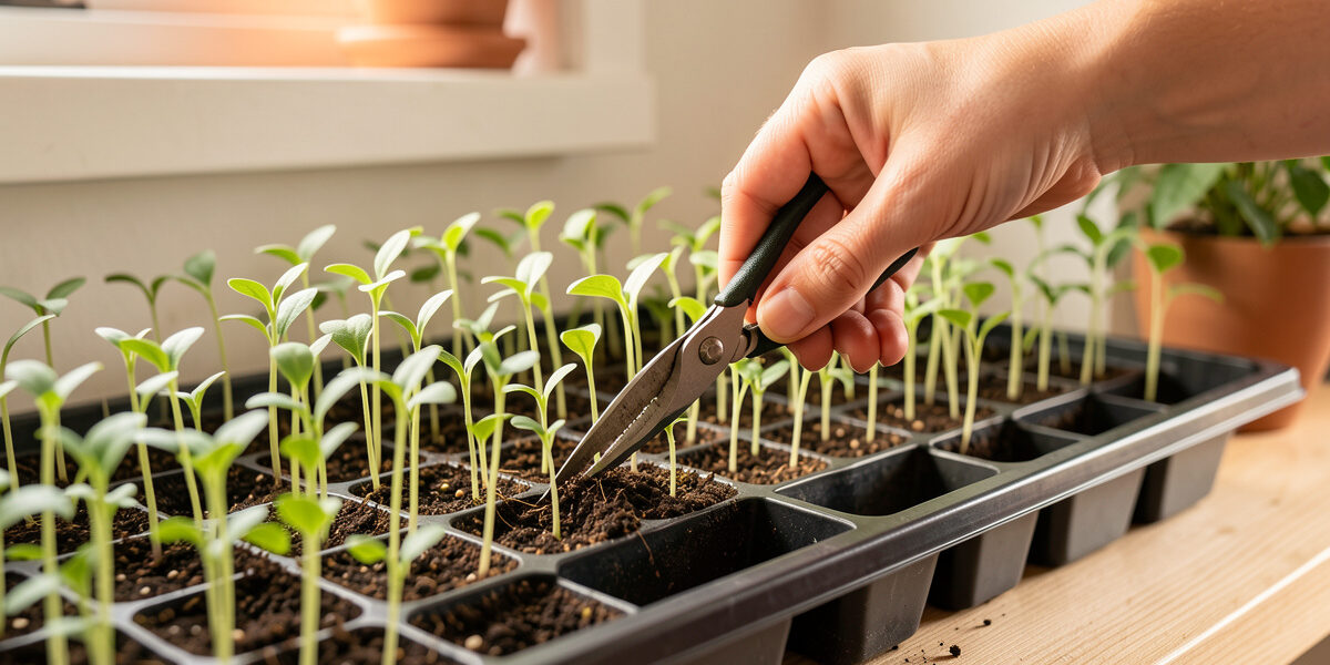 Hand using small precision snips to thin crowded seedlings in a tray, cutting one at the soil line